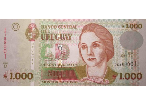 Банкнота Уругвай 1000 (тысяча) песо 2011 год. Pick 91c. UNC