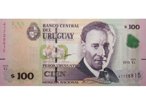 Банкнота Уругвай 100 (сто) песо 2015 год. Pick 95. UNC