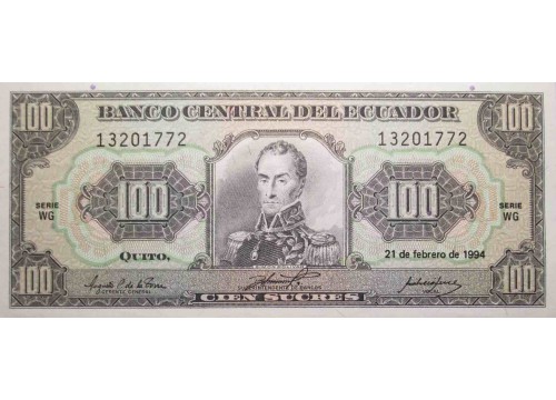 Банкнота Эквадор 100 (сто) сукре 1994 год. Pick 123Ac. Серия WG. UNC