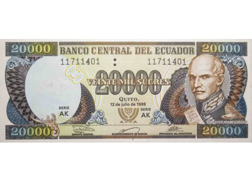 Банкнота Эквадор 20000 (двадцать тысяч) сукре 1999 год. Pick 129. Серия AK. UNC