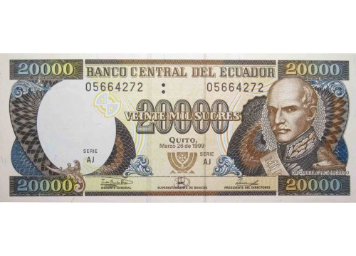 Банкнота Эквадор 20000 (двадцать тысяч) сукре 1999 год. Pick 129f. Серия AJ. UNC