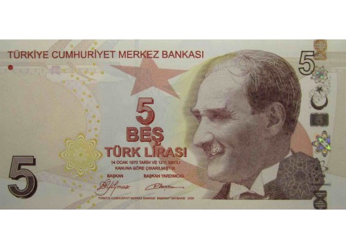 Банкнота Турция 5 (пять) лир 2009 год. Pick 222a. UNC