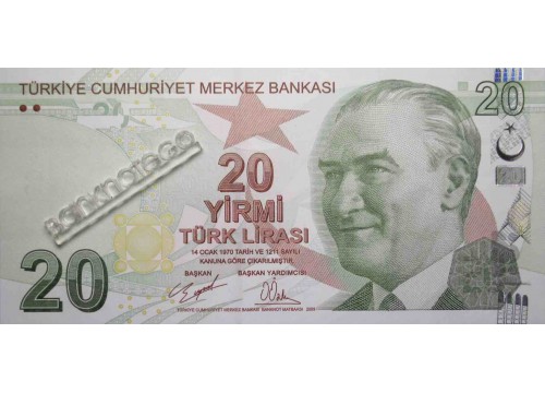Банкнота Турция 20 (двадцать) лир 2009 год. Серия А. Pick 224a. UNC