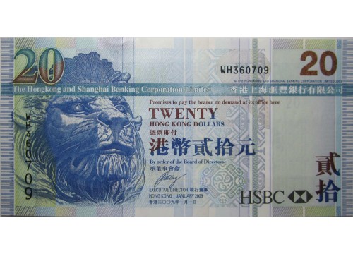 Банкнота Гонконг 20 (двадцать) долларов 2009 год. Pick 207f. UNC