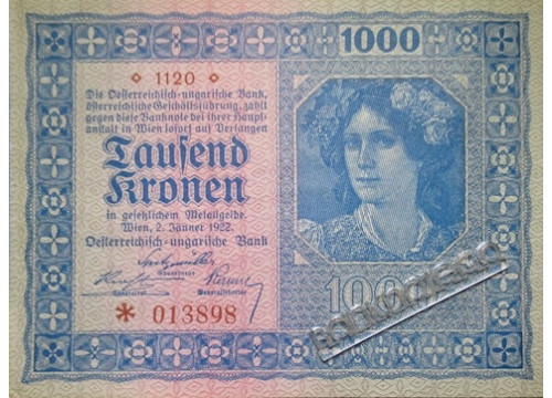 Банкнота Австрия 1000 (тысяча) крон 1922 год. Pick 78.1. UNC