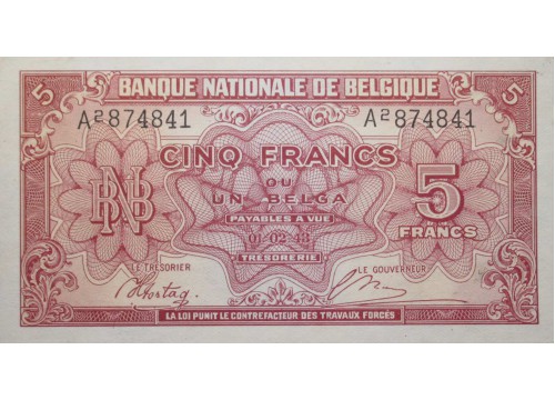 Банкнота Бельгия 5 (пять) франков 1943 год. Pick 121. UNC