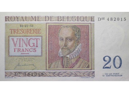 Банкнота Бельгия 20 (двадцать) франков 1950 год. Pick 132a. UNC