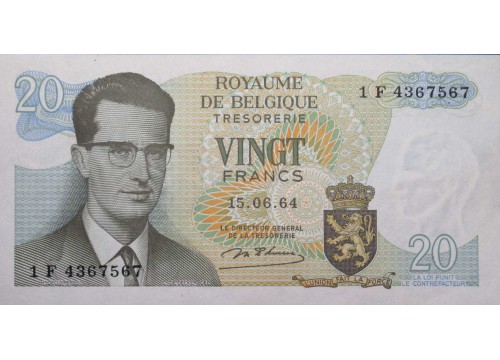 Банкнота Бельгия 20 (двадцать) франков 1964 год. Pick 138.1. UNC