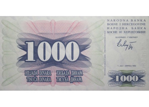 Банкнота Босния и Герцеговина 1000 (тысяча) динар 1992 год. Pick 15a. UNC