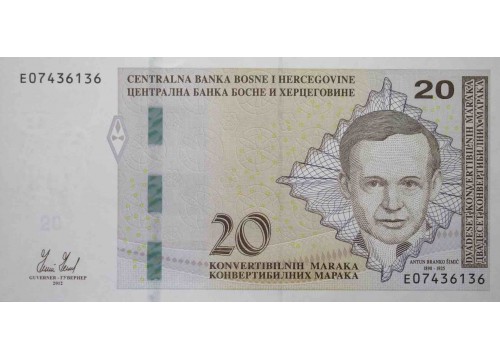 Банкнота Босния и Герцеговина 20 (двадцать) марок 2012 год. Pick 82a. UNC