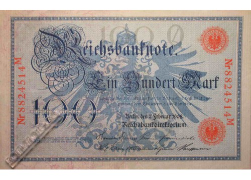 Банкнота Германия 100 (сто) марок 1908 год. Pick 33a. UNC
