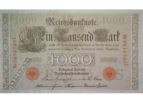Банкнота Германия 1000 (тысяча) марок 1910 год. Pick 44b2. UNC