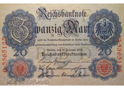 Банкнота Германия 20 (двадцать) марок 1914 год. Pick 46b. UNC
