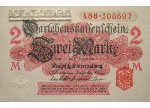 Банкнота Германия 2 (две) марки 1914 год. Pick 53. UNC