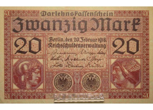 Банкнота Германия 20 (двадцать) марок 1918 год. Pick 57. UNC