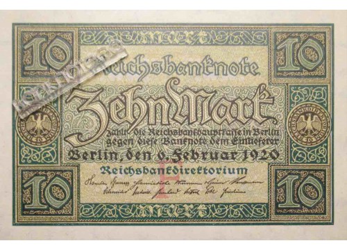 Банкнота Германия 10 (десять) марок 1920 год. Pick 67a. UNC