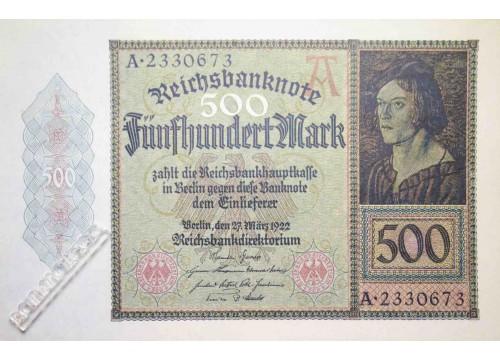 Банкнота Германия 500 (пятьсот) марок 1922 год. Pick 73. UNC