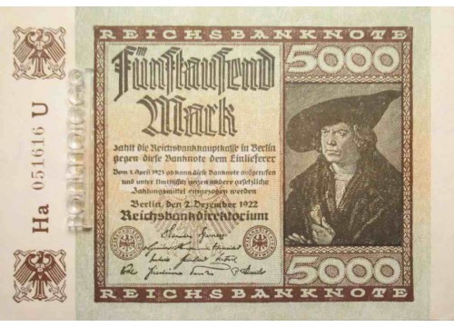 Банкнота Германия 5000 (пять тысяч) марок 1922 год. Pick 81a. UNC