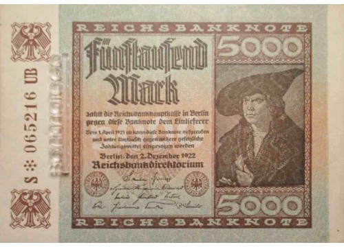 Банкнота Германия 5000 (пять тысяч) марок 1922 год. Pick 81b2. UNC