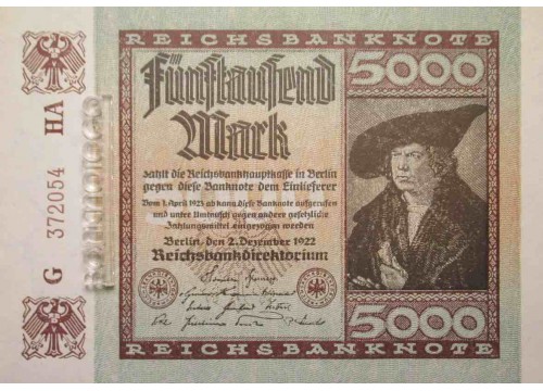 Банкнота Германия 5000 (пять тысяч) марок 1922 год. Pick 81c. UNC