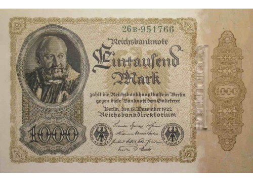Банкнота Германия 1000 (тысяча) марок 1922 год. Pick 82a. UNC