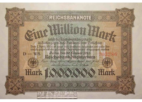 Банкнота Германия 1000000 (миллион) марок 1923 год. Pick 86a. UNC