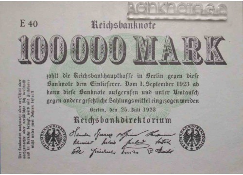 Банкнота Германия 100000 (сто тысяч) марок 1923 год. Pick 91a. UNC