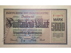 Банкнота Германия 5000 (пять тысяч) марок 1922 год. Pick S925. UNC