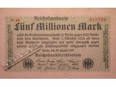 Банкнота Германия 5000000 (пять миллионов) марок 1923 год. Pick 105.2. UNC