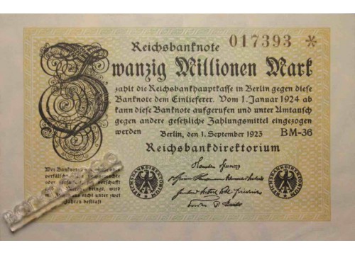 Банкнота Германия 20000000 (двадцать миллионов) марок 1923 год. Pick 108c. UNC