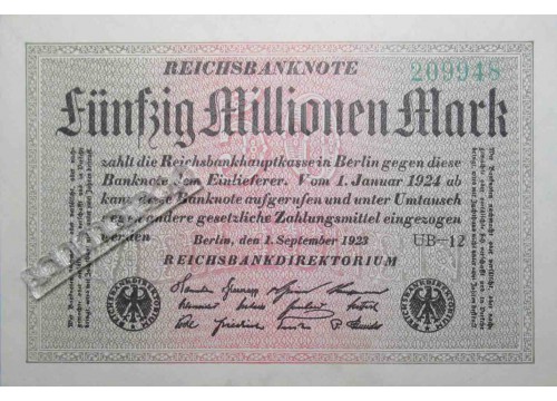 Банкнота Германия 50000000 (пятьдесят миллионов) марок 1923 год. Pick 109f. UNC