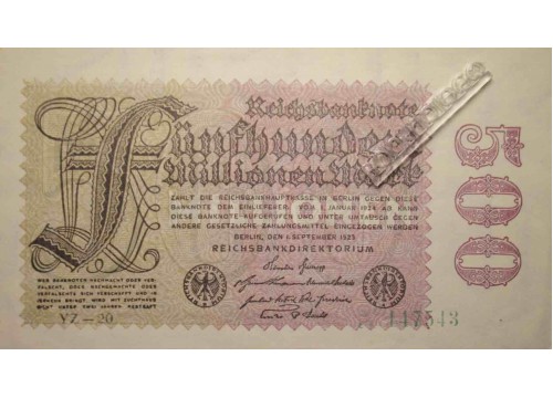 Банкнота Германия 500000000 (пятьсот миллионов) марок 1923 год. Pick 110d. UNC