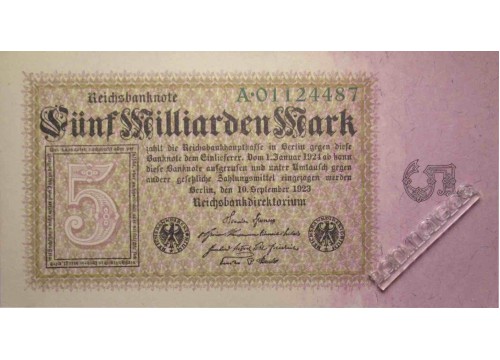 Банкнота Германия 5000000000 (пять миллиардов) марок 1923 год. Pick 115a. UNC