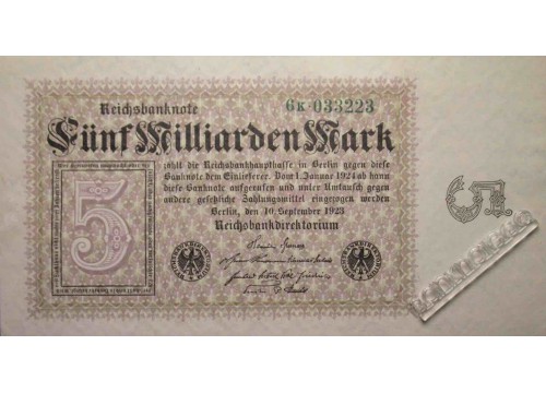 Банкнота Германия 5000000000 (пять миллиардов) марок 1923 год. Pick 115b. UNC