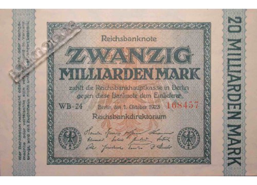 Банкнота Германия 20000000000 (двадцать миллиардов) марок 1923 год. Pick 118a. UNC