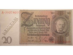 Банкнота Германия 20 (двадцать) марок 1929 год. Pick 181a1-1. UNC