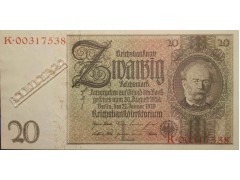 Банкнота Германия 20 (двадцать) марок 1929 год. Pick 181a1-1. UNC