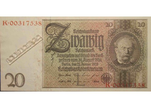 Банкнота Германия 20 (двадцать) марок 1929 год. Pick 181a1-1. UNC