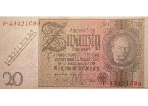 Банкнота Германия 20 (двадцать) марок 1929 год. Pick 181a2. UNC