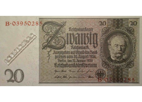 Банкнота Германия 20 (двадцать) марок 1929 год. Pick 181b. UNC