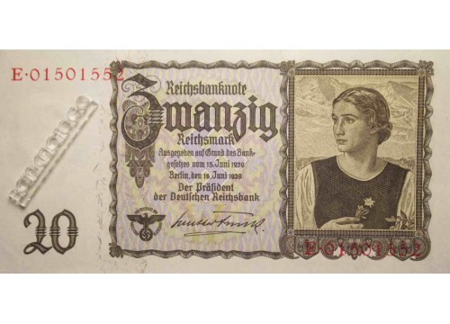 Банкнота Германия 20 (двадцать) марок 1939 год. Pick 185. UNC