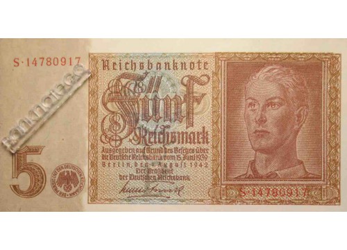 Банкнота Германия 5 (пять) марок 1942 год. Pick 186a2. UNC