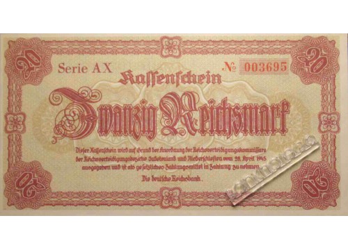 Банкнота Германия 20 (двадцать) марок 1945 год. Pick 187. UNC