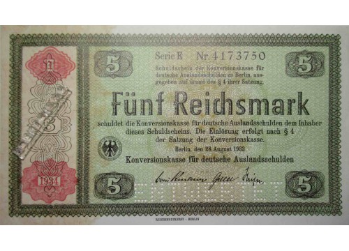 Банкнота Германия 5 (пять) рейхсмарок 1934 год. Pick 207S. UNC