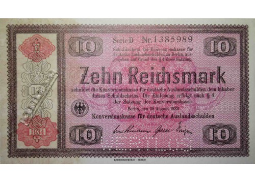 Банкнота Германия 10 (десять) марок 1934 год. Pick 208S. UNC