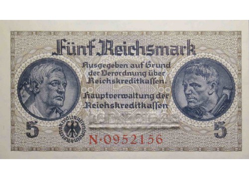 Банкнота Германия 5 (пять) марок 1940-45 год. Pick R138a. UNC