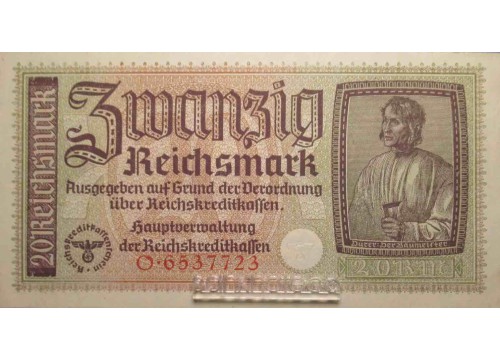 Банкнота Германия 20 (двадцать) марок 1940-45 год. Pick R139. UNC