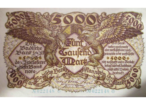 Банкнота Германия 5000 (пять тысяч) марок 1922 год. Pick S909-1. UNC