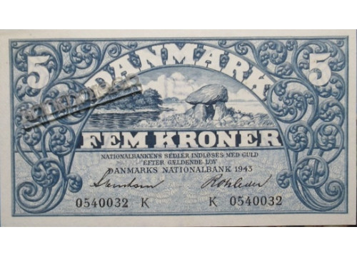 Банкнота Дания 5 (пять) крон 1943 год. Pick 30k3. UNC