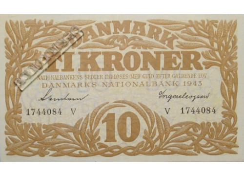 Банкнота Дания 10 (десять) крон 1943 год. Pick 31p6. UNC